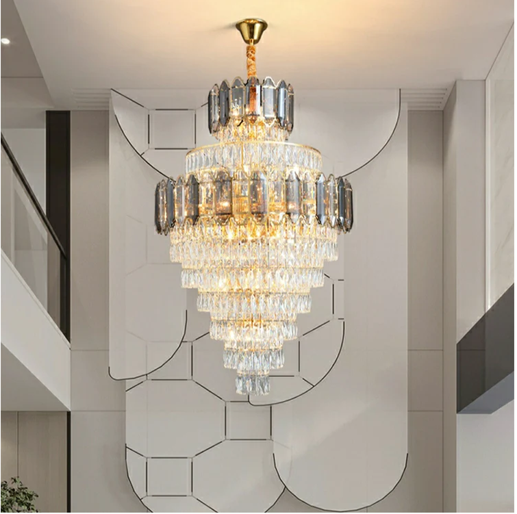 extra large crystal 2-story foryer / high ceiling living room / big hallway/ hotel entryway light fixture luxury modern stunning golden chandelier