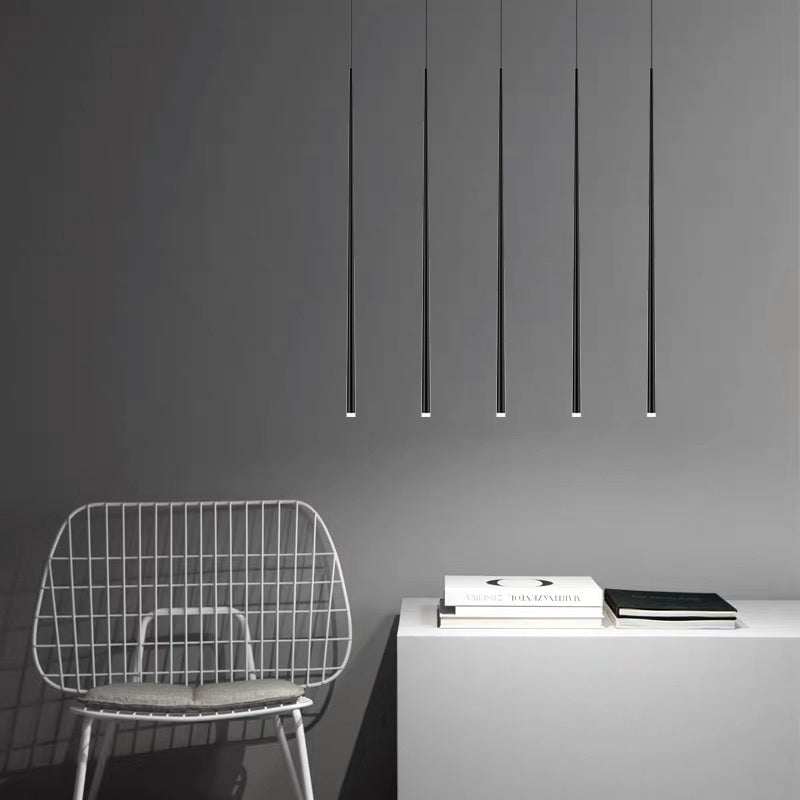 modern, black, iron, straight, long cone, pendant, dining table, bedroom, loft, staircase