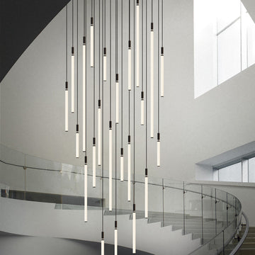 modern, black, iron, straight, long cone, pendant, dining table, bedroom, loft, staircase, scandinavian, nordic, minimalist