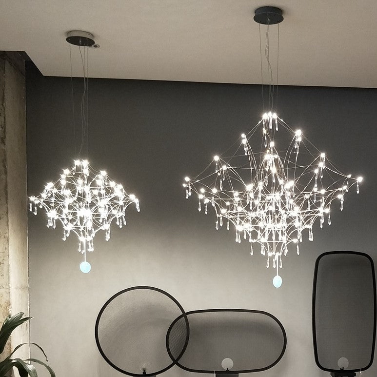 extra large, oversized, firefly, glowworm, stainless steel, crystal, modern, high-ceiling space, large living room, big lobby, hallway, staircase
