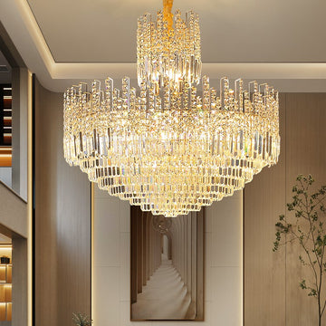 light luxury, large, oversized, multilayer, crystal, pendant, staircase, foyer, hallway, living room