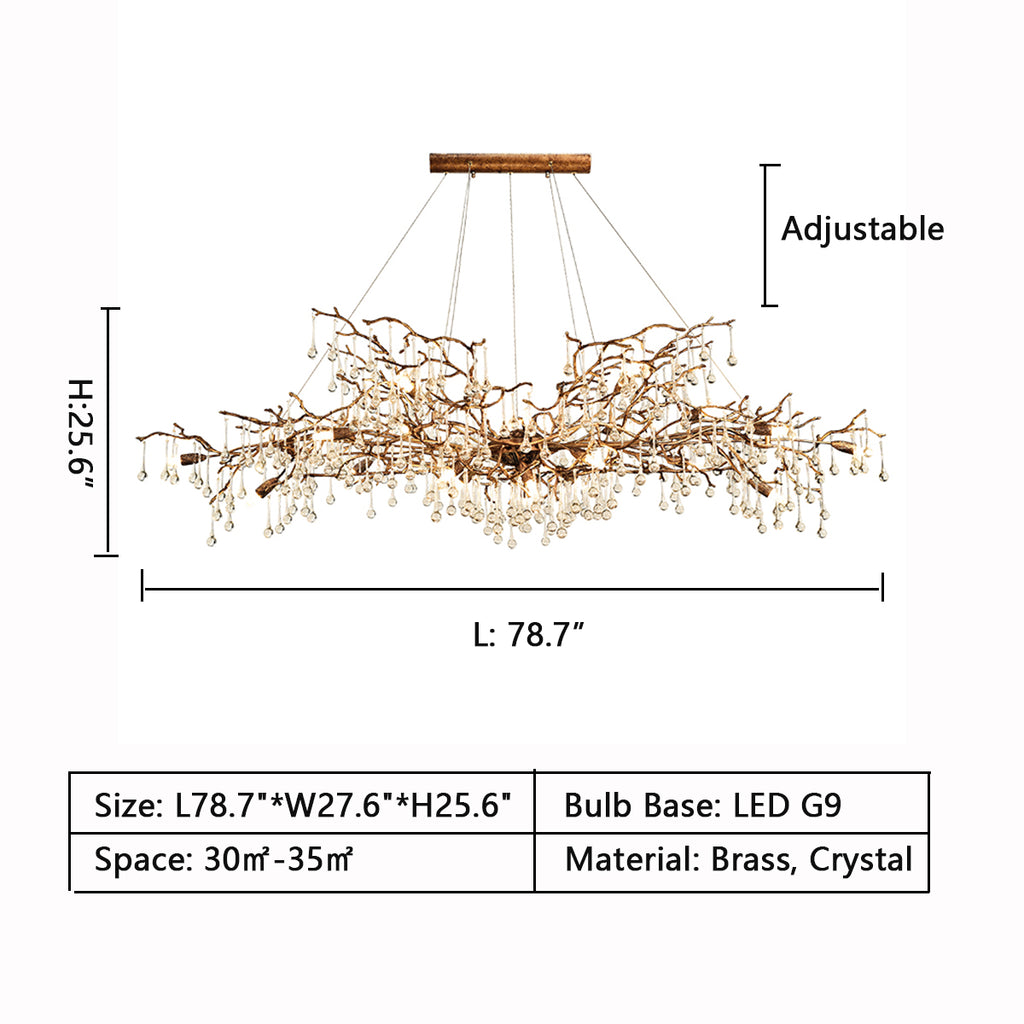 Oval: L78.7"*W27..6"*H25.6"  brass, crystal, exyra large, oversized, for long dining table,  for large space, raindrop, branch