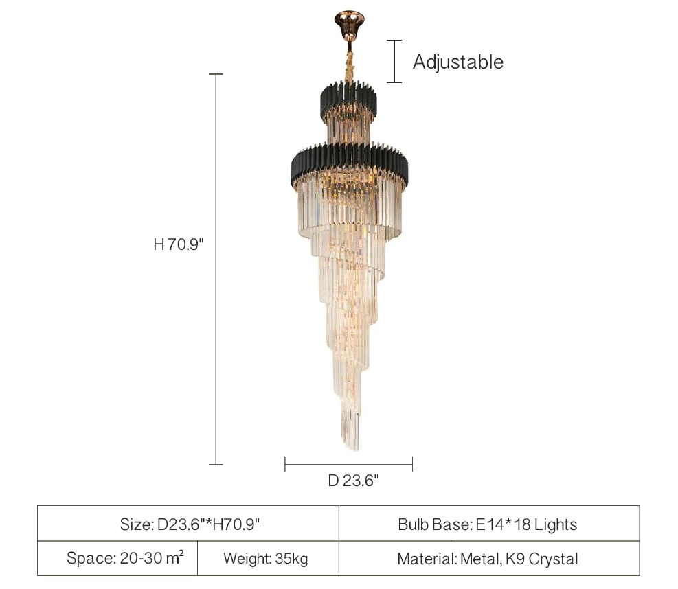 D23.6"*H70.9" Extra large super long crystal chandelier staircase sprial light fixture black and gold light chandelier for villas/duplex buildings/loft/big house/foyer/stairwell/entryway decoration or Hotels, restaurants, churches shopping mall center /