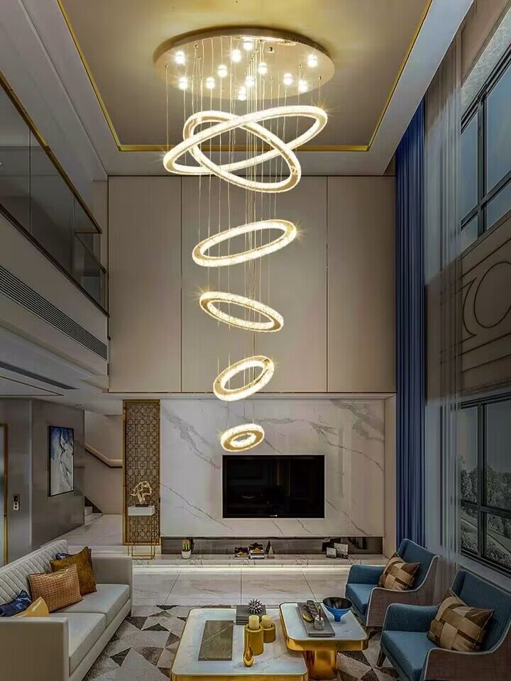 Extra large multi-rings crystal chandelier super long ceiling light fixture for villas/duplex buildings/lofts living room/staircase/foyer/stairwell/entryway/entrance/hallyway.hotel lobby,cafe, coffee shop,restaurant,bar...