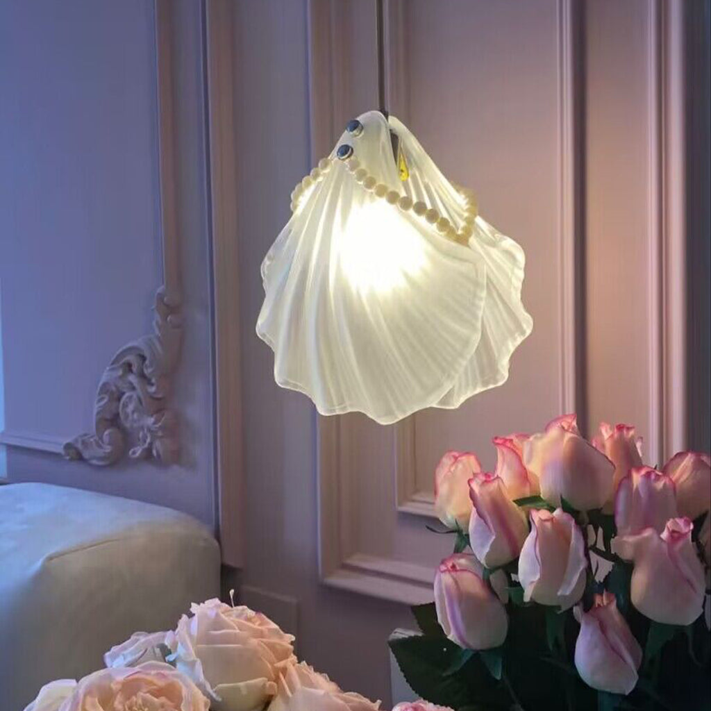 seashell, art, boho, bohemia, glass, pure, pearl, pendant, white, innocent, elegant, beaded, natural, bedside lamp, entryway, foyer, hallway, walk-in closets, bedroom, cofffee table, personal space