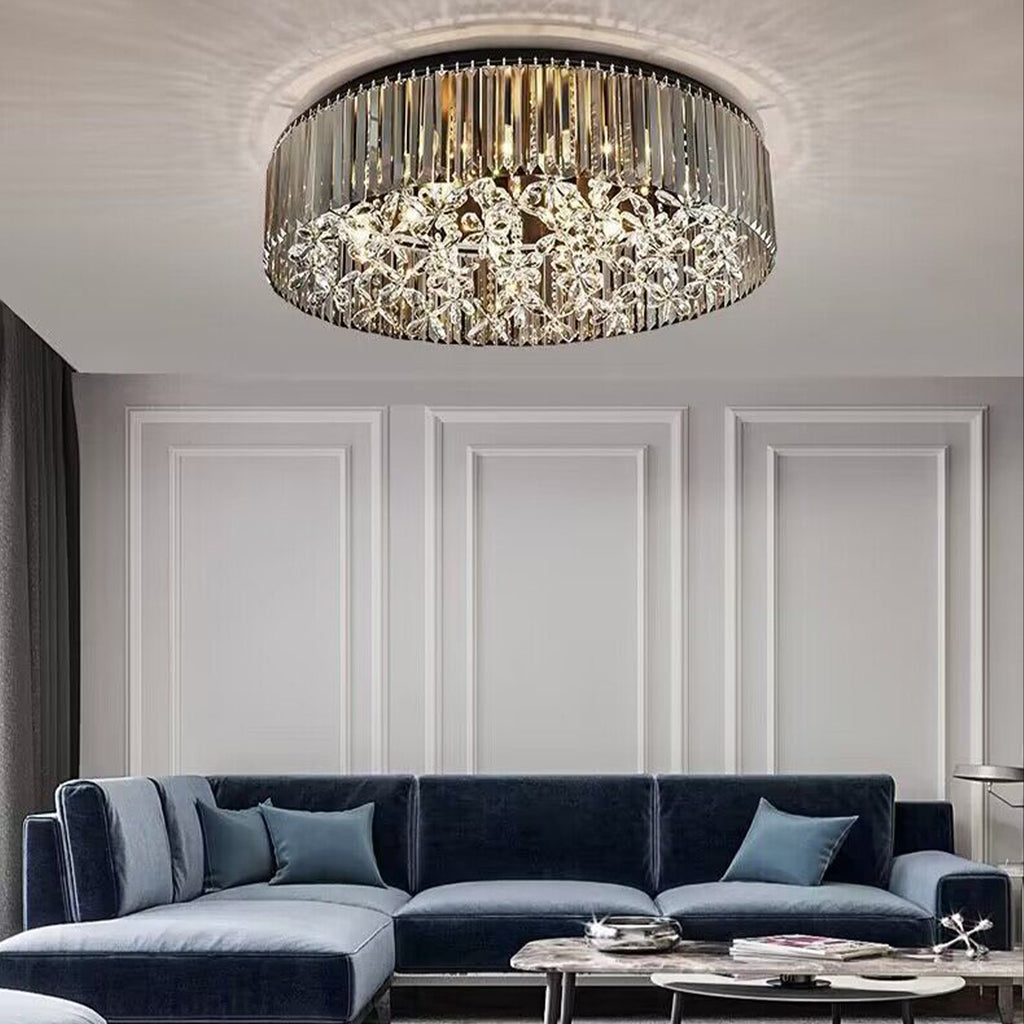 modern silver art flower flush mount crystal chandelier luxury round flower ceiling light fixture for big-space living room