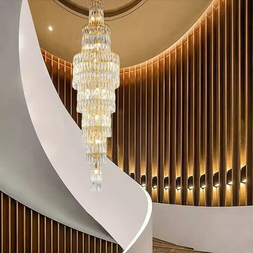 Oversized multi-tiered gold crystal chandelier for foyer/staircase/hallway/entryway/2-story/duplex-buildings/villas