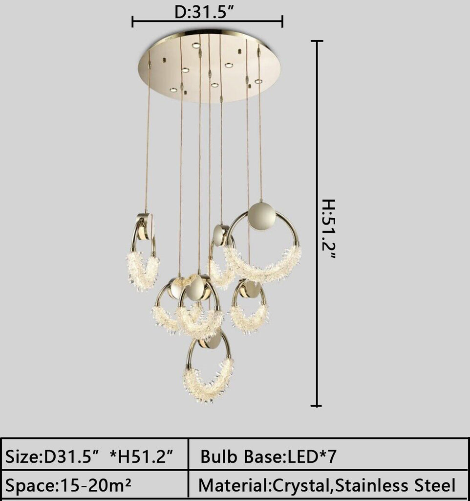D31.5inches*H51.2inches 7 Lights Modern Art Creative Ring Gold/Black Crystal Chandelier Nordic Entryway/Dining Room Pendant Light 