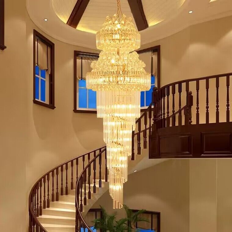 Oversized/extra large gold crystal chandelier spin staircase/big foyer,hallway,entryway long light fixture multi-tiered  crystal light for 2-story/duplex building/villa/hotel/loft