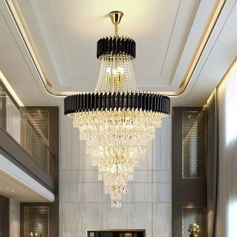 Extra Large Multi-tiered Black/Gold Crystal Chandelier Modern Light Luxury Inverted Triangle Light Fixture For Living Room/Dining Room/Foyer ,hotel lobby/hallway ,2-story,duplex buidings ,villa 