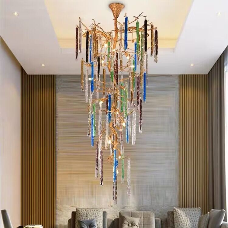 Extra large/oversized colorful crystal chandelier long branch copper light fixture for 2-story/duplex buildings staircase/foyer/hallway