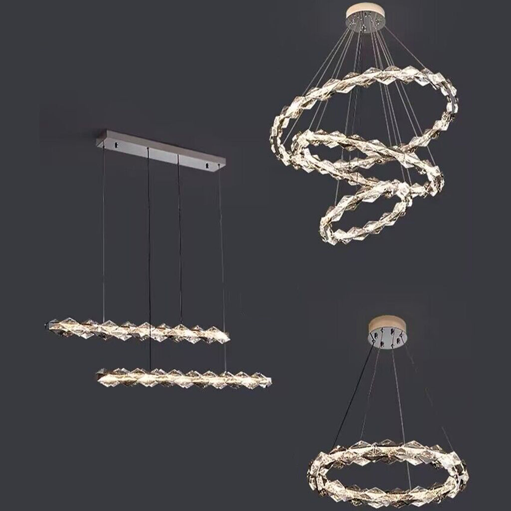 Modern light luxury ring/linear crystal chandelier multi-layers rings light fixture round spiral ceiling pendant light for living room/bedroom/dining room/kitchen island/bar/restaurant
