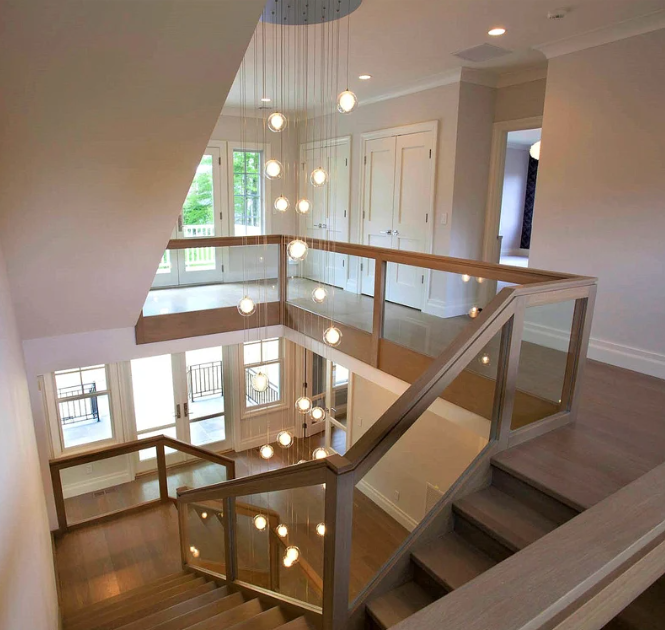 20/22/26/28 Lights extra large/oversized Foyer-two-story-chandelier-REFLECTION- Clear-glass-pendant-lighting, contemporary-modern-blown-glass-lighting, custom-long-staircase-lights.