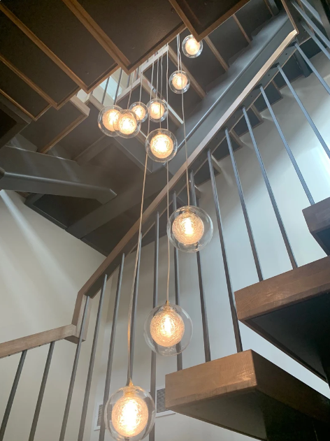 12/14/16/18 Lights Foyer-two-story-chandelier-REFLECTION- Clear-glass-pendant-lighting, contemporary-modern-blown-glass-lighting, custom-long-staircase-lights.