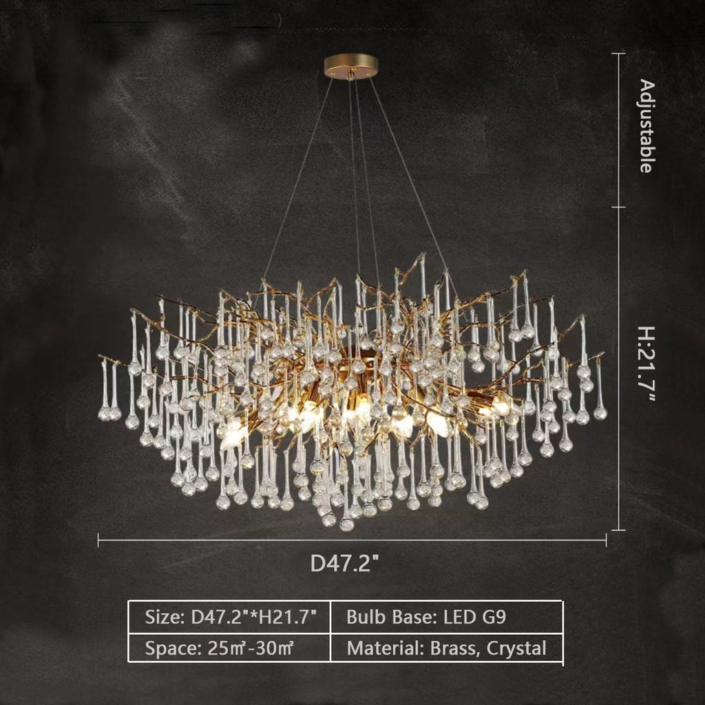 Round: D47.2"*H21.7"  brass, crystal, exyra large, oversized, for long dining table,  for large space, raindrop, branch